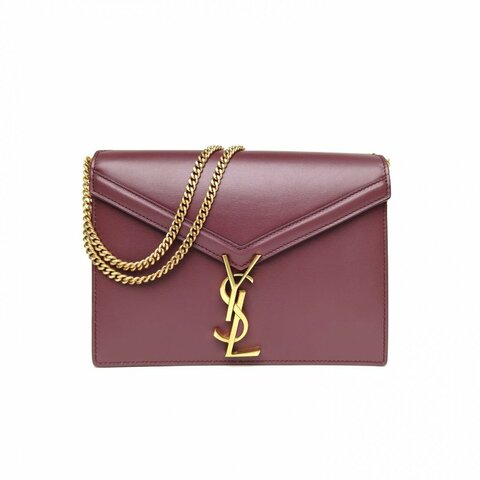 SAINT LAURENT CASSANDRA信封鏈條包22光面酒紅色牛皮金扣肩背包