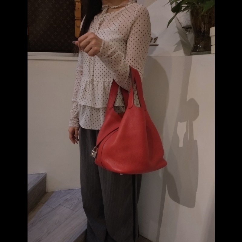 Hermes 銀釦紅皮菜籃子包 picotin 26-1