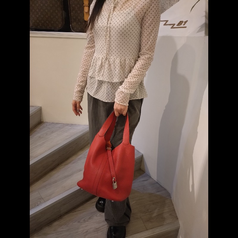 Hermes 銀釦紅皮菜籃子包 picotin 26-2