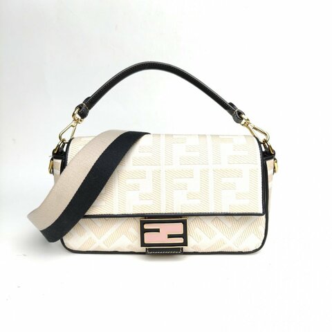 FENDI Baguette法棍包中號金扣米色帆布金扣肩背包