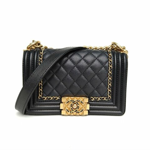 CHANEL Leboy小號黑色牛皮29開金扣菱格紋/皮穿鏈滾邊肩背包