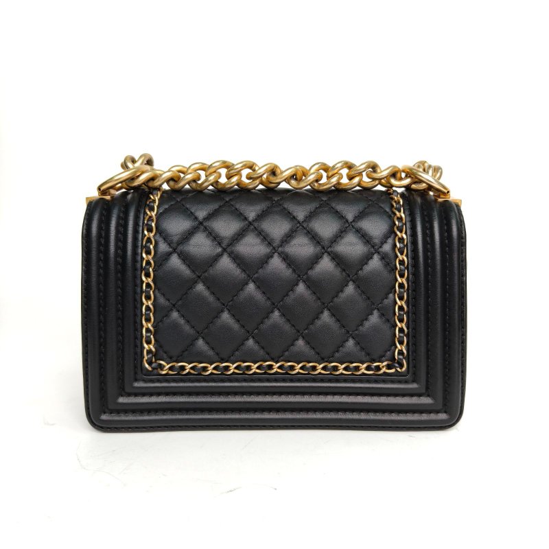 CHANEL Leboy小號黑色牛皮29開金扣菱格紋/皮穿鏈滾邊肩背包-2