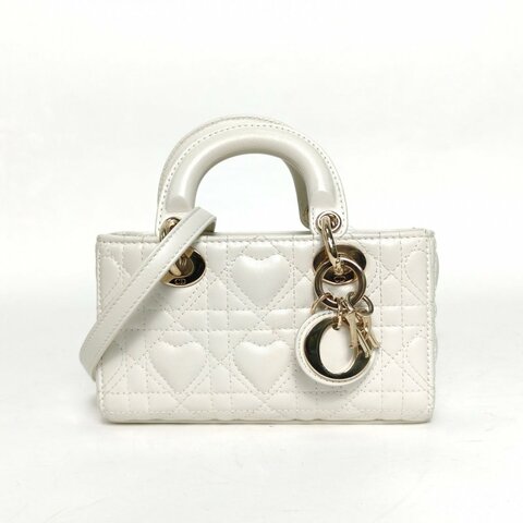 DIOR LadyD-Joy橫版戴妃包超迷你16白色羊皮淺金扣2023肩背包