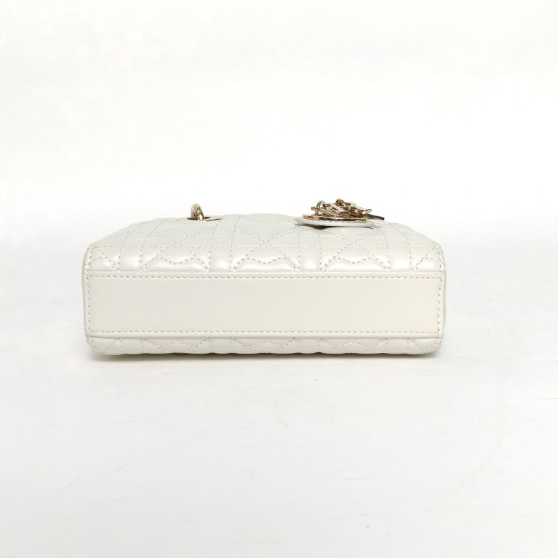 DIOR LadyD-Joy橫版戴妃包超迷你16白色羊皮淺金扣2023肩背包-4