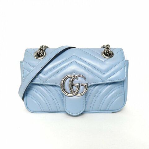GUCCI GGMarmont肩背包Mini22藍色牛皮銀扣肩背包