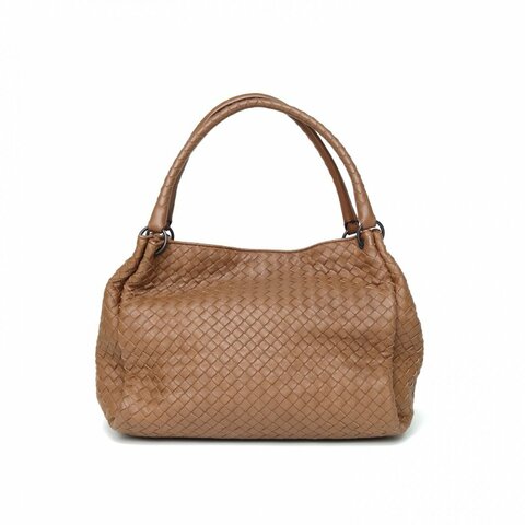 BOTTEGA VENETA 棕色羊皮鎢鋼扣編織單肩包手提托特包肩背包
