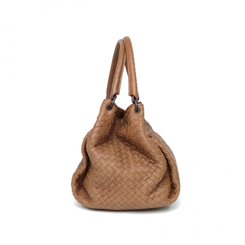 BOTTEGA VENETA 棕色羊皮鎢鋼扣編織單肩包手提托特包肩背包-1