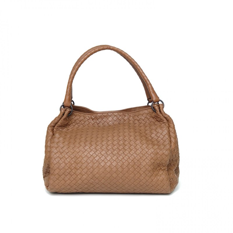 BOTTEGA VENETA 棕色羊皮鎢鋼扣編織單肩包手提托特包肩背包-2