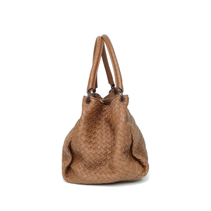 BOTTEGA VENETA 棕色羊皮鎢鋼扣編織單肩包手提托特包肩背包-3