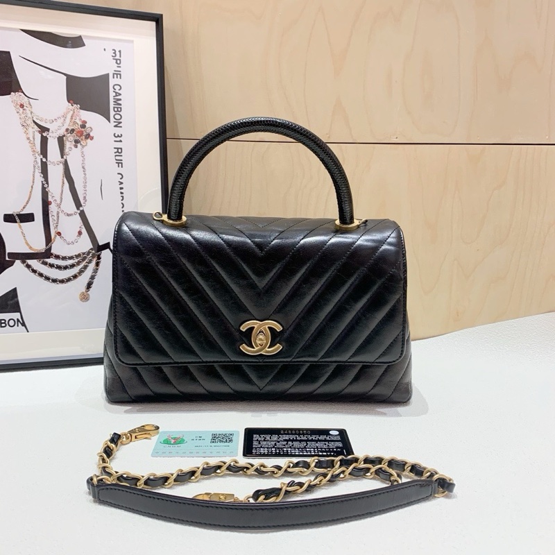 Chanel 香奈兒 cocohandle 經典黑金中號油蠟牛皮,黑色蜥蜴皮手柄,-0