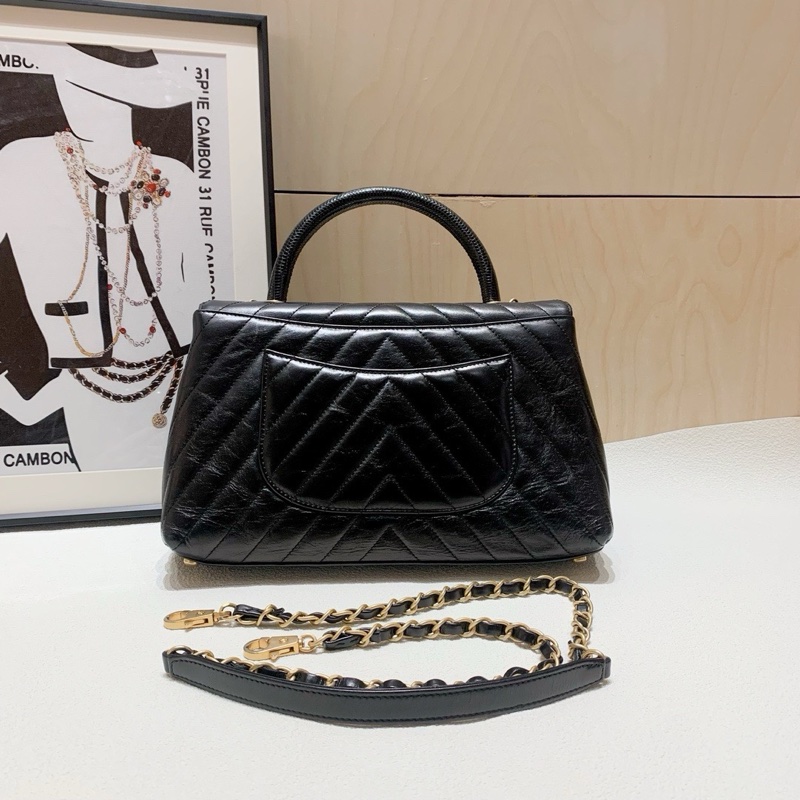 Chanel 香奈兒 cocohandle 經典黑金中號油蠟牛皮,黑色蜥蜴皮手柄,-1