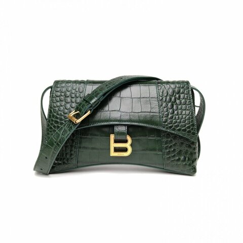 BALENCIAGA Downtown單肩斜挎包XS鱷魚壓紋墨綠色牛皮肩背包