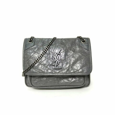 SAINT LAURENT NikiMini21灰色牛皮灰扣肩背包