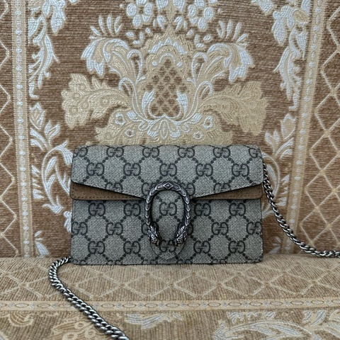 Gucci 咖PVC拼麂皮Dionysus Mini銀釦酒神下蓋斜背包