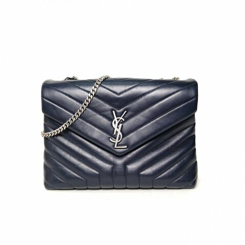 SAINT LAURENT LOULOU中號32Y縫藍色牛皮銀扣肩背包