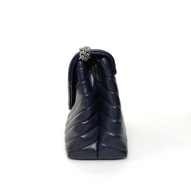 SAINT LAURENT LOULOU中號32Y縫藍色牛皮銀扣肩背包-3