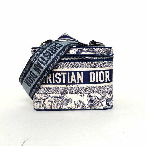 DIOR 藍色帆布銀扣2020Vanity化妝包大號印花刺繡動物肩背包