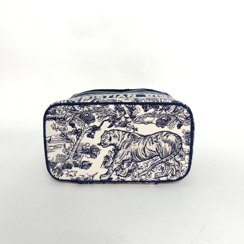 DIOR 藍色帆布銀扣2020Vanity化妝包大號印花刺繡動物肩背包-4