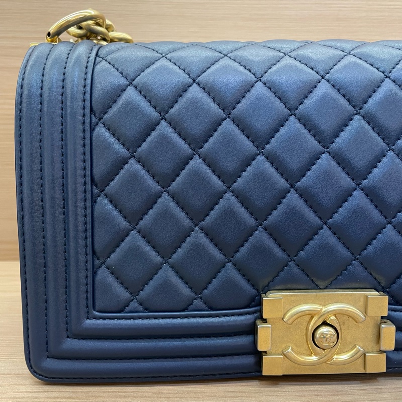 NO:D3 Chanel 藍金 LEBOY 羊皮 中號 菱格金扣鏈條包 有卡 有塵袋 無盒子 尺寸底長25*高15寬8*-5
