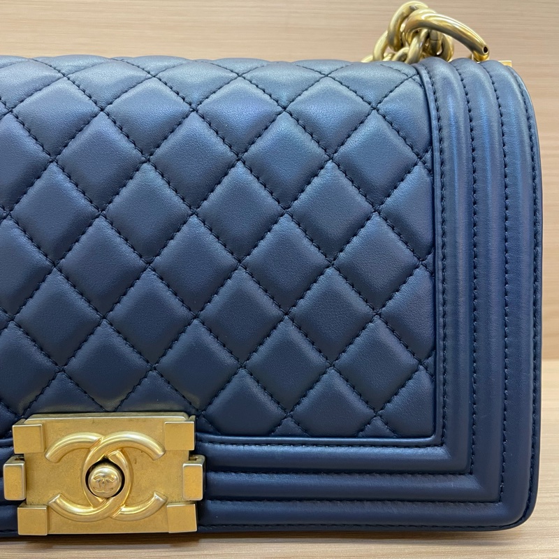 NO:D3 Chanel 藍金 LEBOY 羊皮 中號 菱格金扣鏈條包 有卡 有塵袋 無盒子 尺寸底長25*高15寬8*-6