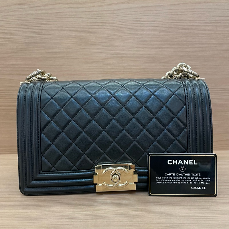 Chanel 黑金 LEBOY 羊皮 2018年 24開 中號 菱格金扣鏈條包 有卡 有塵袋 無盒子 尺寸底長25*高15*寬8*-0