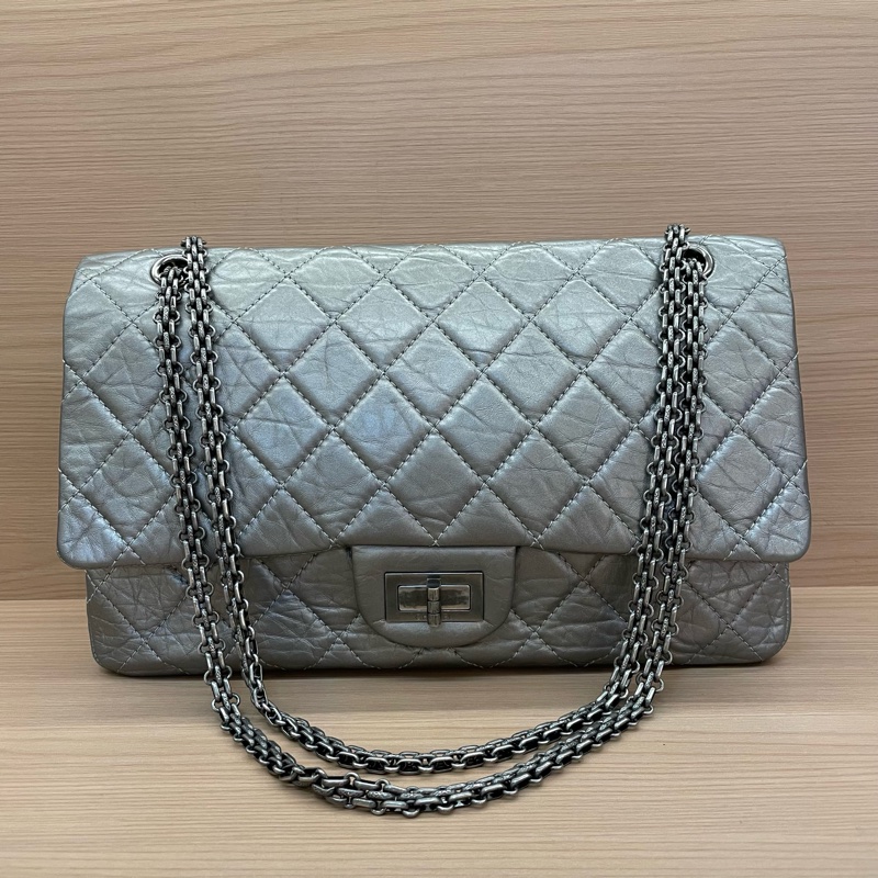 Chanel 深灰色 牛皮 双盖2.55cf大號 2011年 14開 千禧复古鏈條單肩斜挎包有塵袋 無卡無盒子 尺寸31*10*18-0