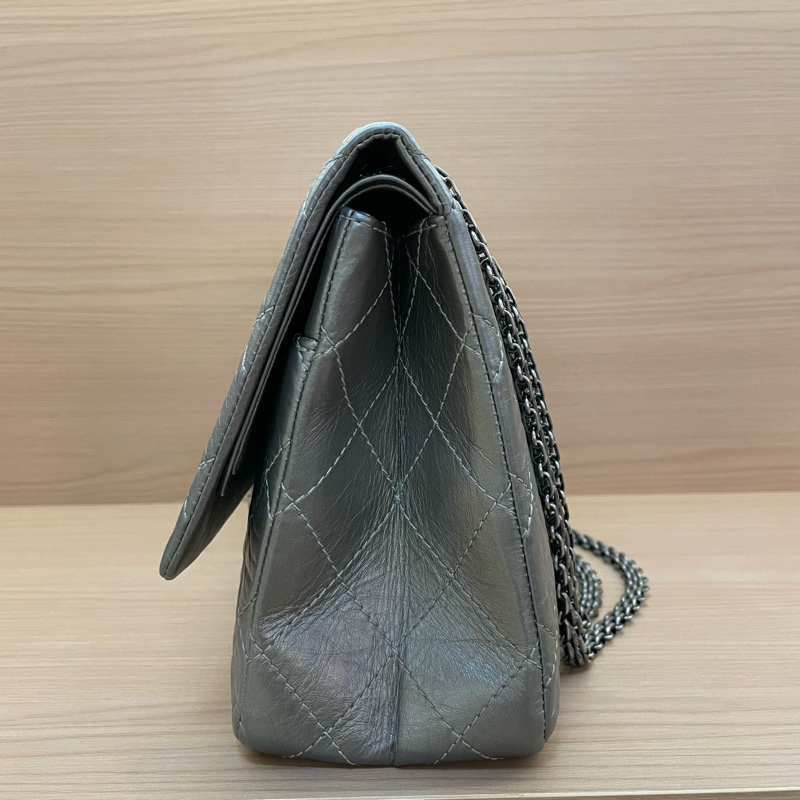 NO:D9 Chanel 深灰色 牛皮 双盖2.55cf大號 2011年 14開 千禧复古鏈條單肩斜挎包有塵袋 無卡無盒子 尺寸31*10*18-2