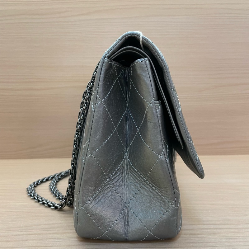 NO:D9 Chanel 深灰色 牛皮 双盖2.55cf大號 2011年 14開 千禧复古鏈條單肩斜挎包有塵袋 無卡無盒子 尺寸31*10*18-3