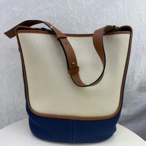 LOEWE焦糖色牛皮拚藍/米白帆布 hobo anagram 兩用包
