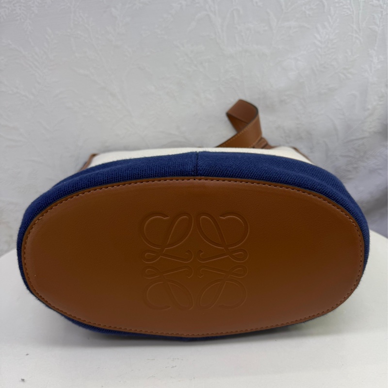 LOEWE焦糖色牛皮拚藍/米白帆布 hobo anagram 兩用包-1
