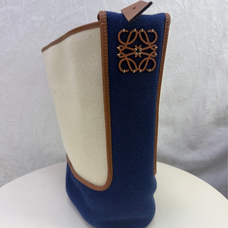 LOEWE焦糖色牛皮拚藍/米白帆布 hobo anagram 兩用包-2