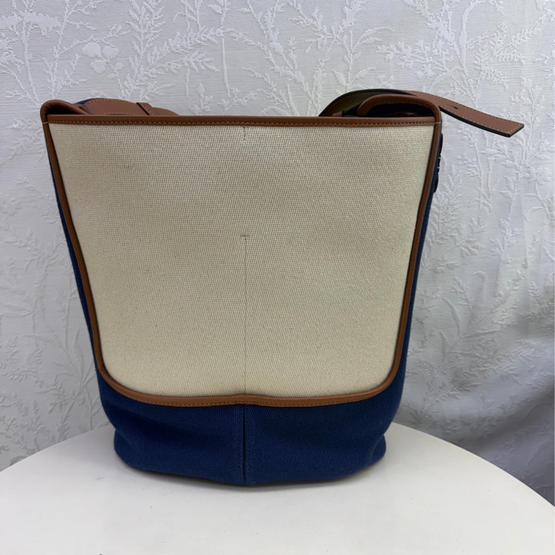 LOEWE焦糖色牛皮拚藍/米白帆布 hobo anagram 兩用包-5