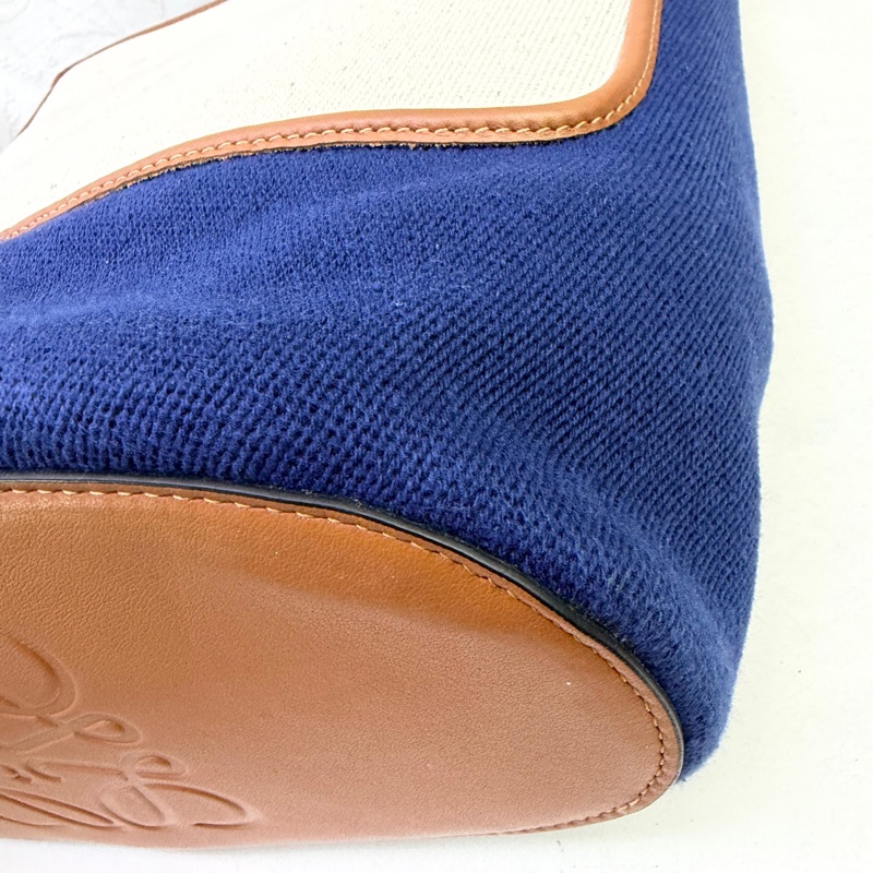 LOEWE焦糖色牛皮拚藍/米白帆布 hobo anagram 兩用包-10
