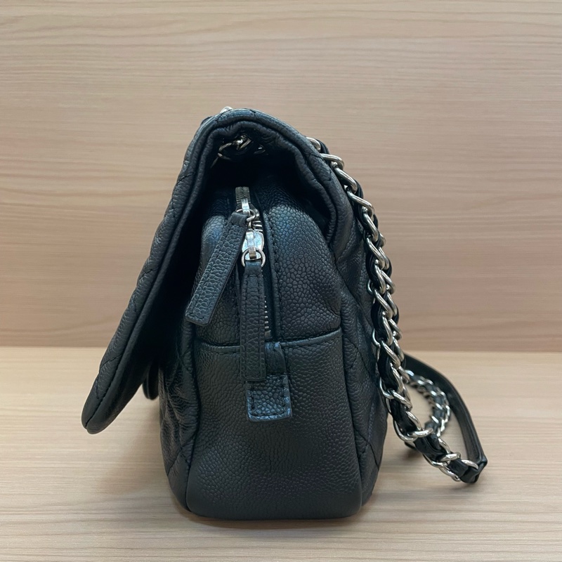 NO:C85 Chanel  CF黑银荔枝皮 雙拉鏈 單肩斜挎鏈條包2015年 20開 有塵袋 無卡無盒子 尺寸底長30*高15*-2