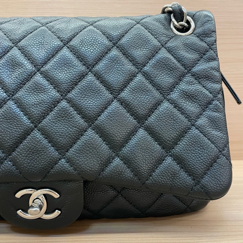 NO:C85 Chanel  CF黑银荔枝皮 雙拉鏈 單肩斜挎鏈條包2015年 20開 有塵袋 無卡無盒子 尺寸底長30*高15*-6