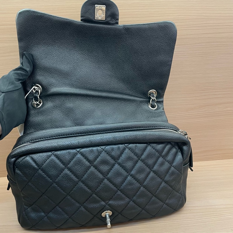 NO:C85 Chanel  CF黑银荔枝皮 雙拉鏈 單肩斜挎鏈條包2015年 20開 有塵袋 無卡無盒子 尺寸底長30*高15*-10