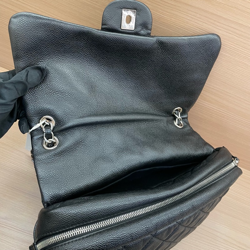 NO:C85 Chanel  CF黑银荔枝皮 雙拉鏈 單肩斜挎鏈條包2015年 20開 有塵袋 無卡無盒子 尺寸底長30*高15*-11