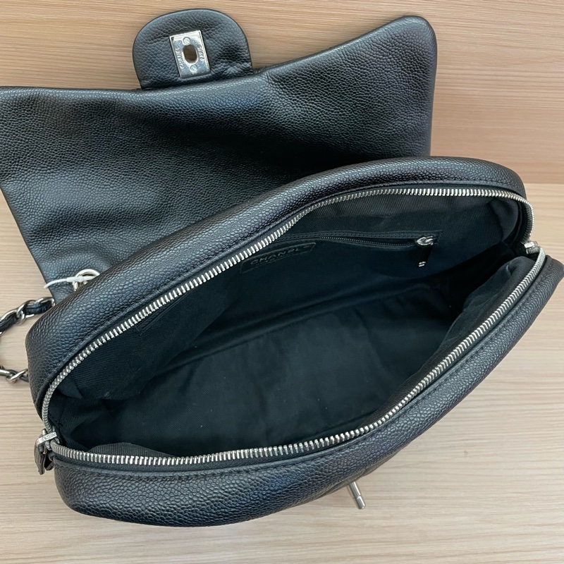 NO:C85 Chanel  CF黑银荔枝皮 雙拉鏈 單肩斜挎鏈條包2015年 20開 有塵袋 無卡無盒子 尺寸底長30*高15*-12