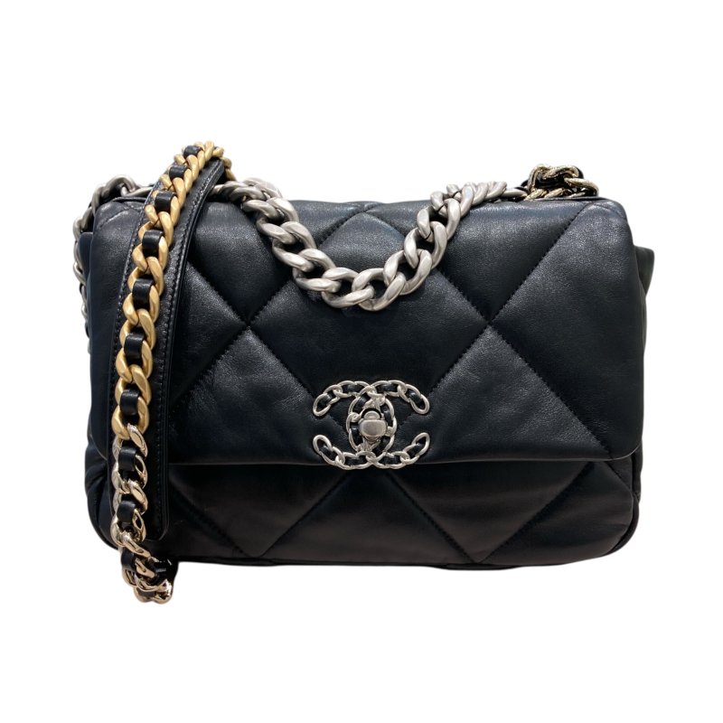 CHANEL 香奈兒 19 BAG 小號 翻蓋肩側背包 亮面小羊皮 黑色 銀釦-0