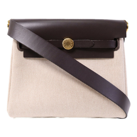 HERMES 帆布/Hunter皮革Mini Herbag金扣肩背袋Chocolat