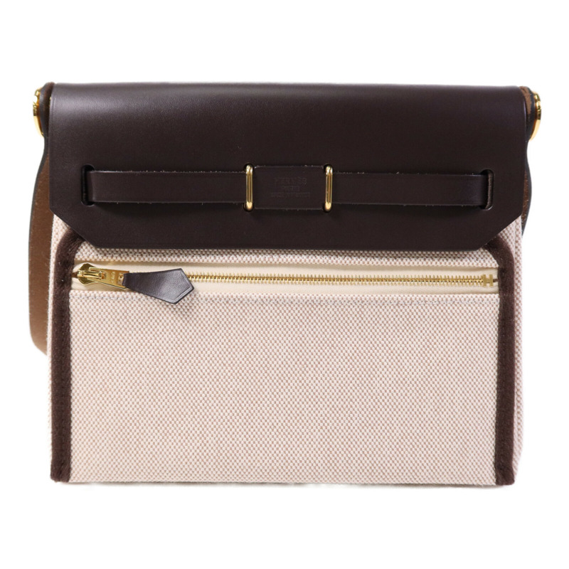 HERMES 帆布/Hunter皮革Mini Herbag金扣肩背袋Chocolat-1