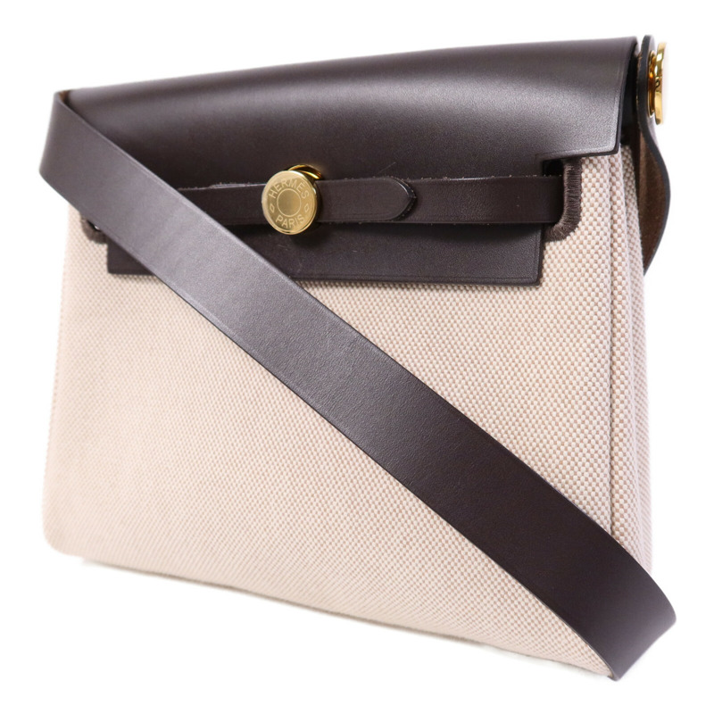 HERMES 帆布/Hunter皮革Mini Herbag金扣肩背袋Chocolat-2