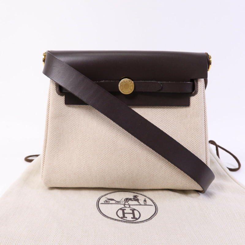 HERMES 帆布/Hunter皮革Mini Herbag金扣肩背袋Chocolat-9