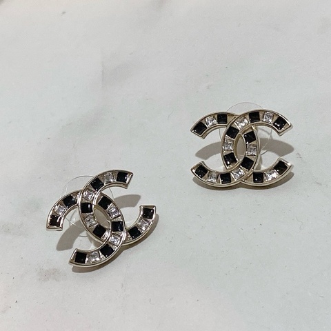 Chanel 黑 x 透明格子雙 C LOGO造型耳環