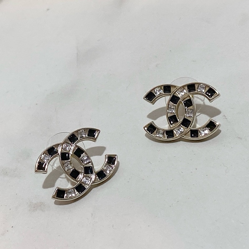 Chanel 黑 x 透明格子雙 C LOGO造型耳環-5