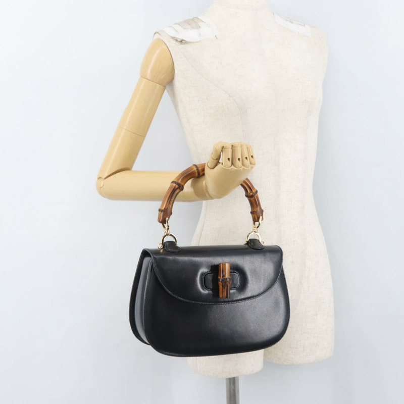 【日本直送】GUCCI 竹節手提包 皮革 黑色 金色 000 1781 0633 正品 BAZ077A-24