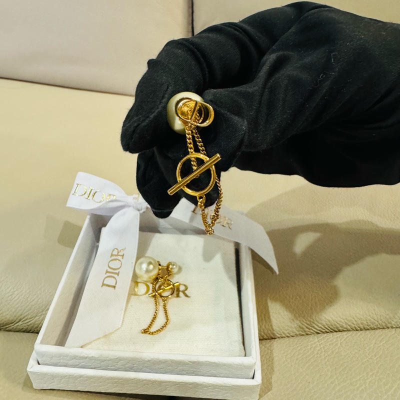 Dior 迪奧CD金色珍珠耳環/垂墜耳環/95新美品-4