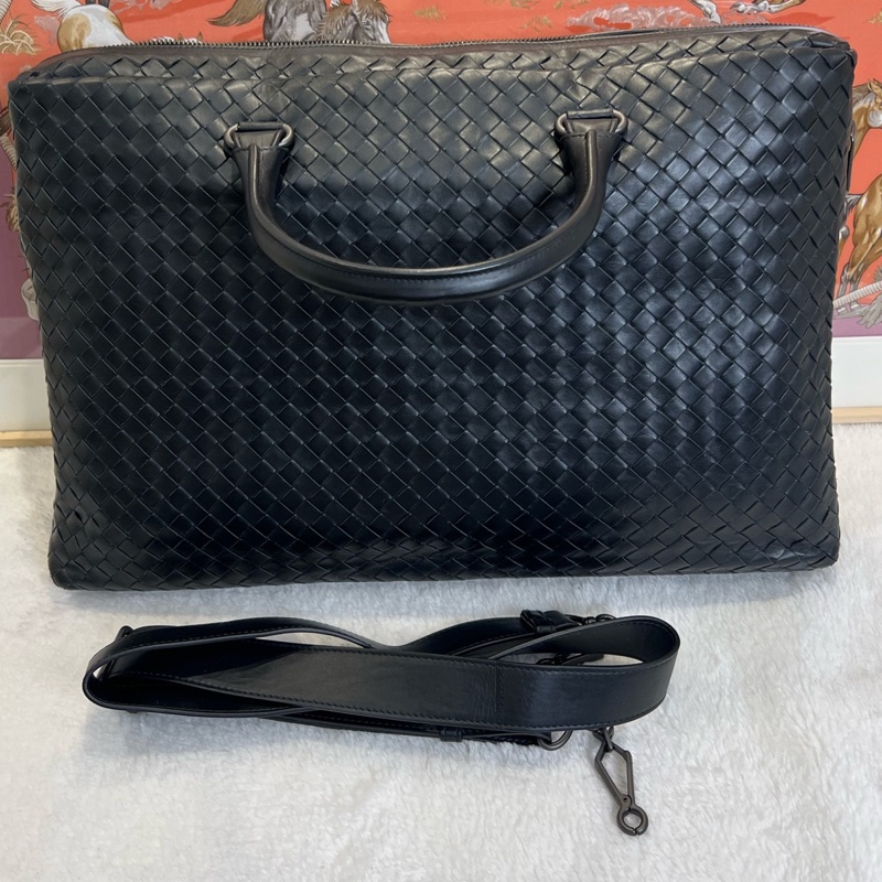 葆蝶家/Bottega Veneta 編織公文包 黑色 底長43 附件:肩帶-0