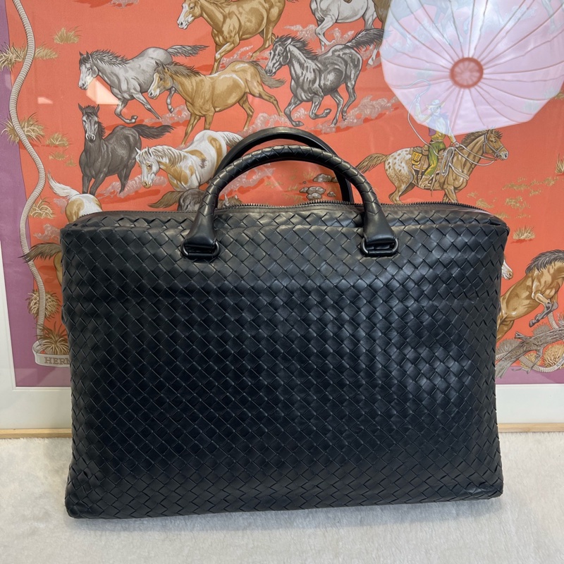 葆蝶家/Bottega Veneta 編織公文包 黑色 底長43 附件:肩帶-2