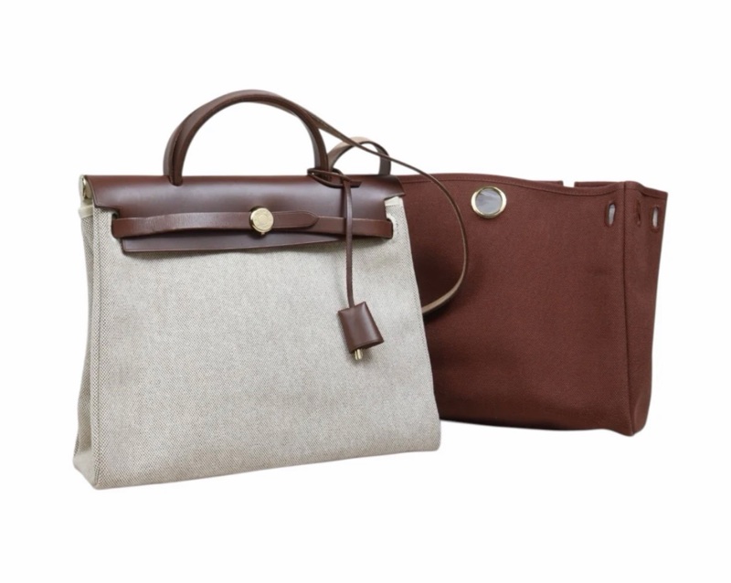 「JL精品代購」98新 Hermes 愛馬仕 herbag 米咖 兩包可替換-3